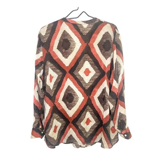 Lauren Ralph Lauren 100% Silk Top Womens 1X Brown Brick Red Aztec Southwestern - Picture 8 of 10
